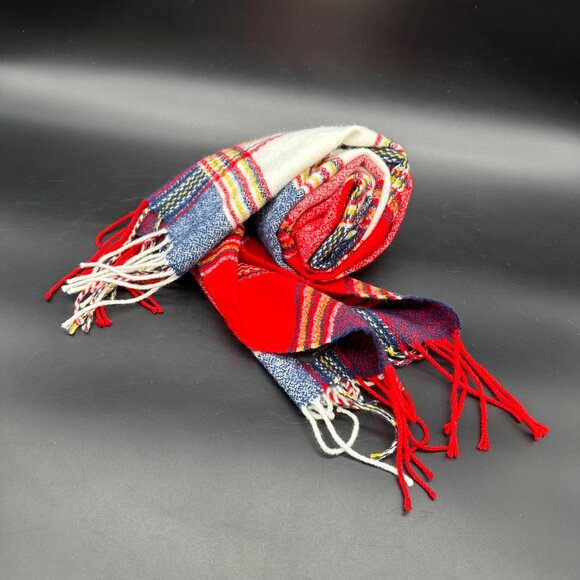 Accessories - Plaid Cashmere Scarf Scotland Fringe Red Navy White Winter Fashion Accessory